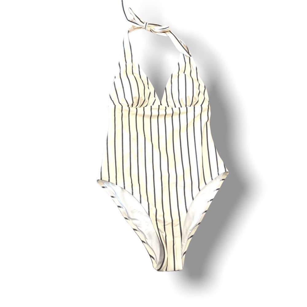NEW ivory white with vertical blue stripes one piece bathing suit Sz M